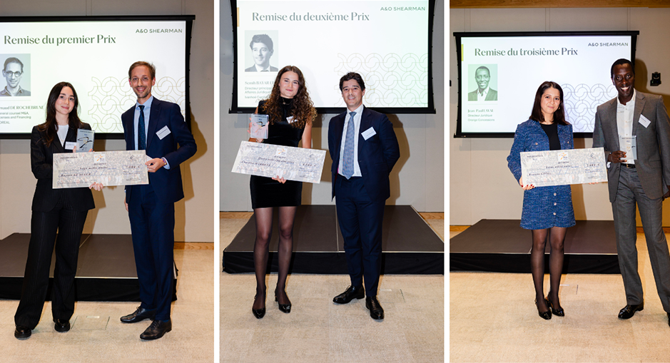 Three photos of prize winners receiving their awards during the Allen & Overy Shearman event, each holding a large check and standing with presenters on stage