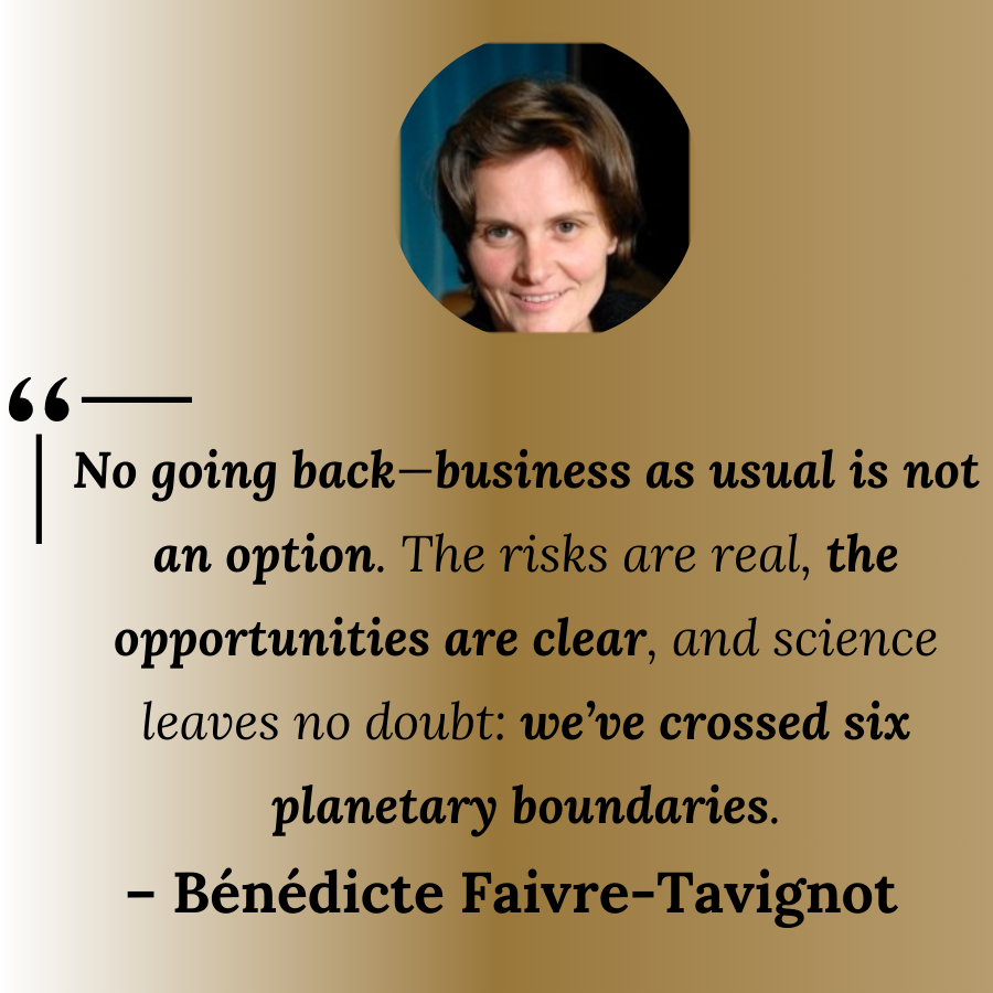 Quote from Bénédicte Faivre-Tavignot on the urgency of sustainability, set against a gold gradient background. Her portrait is positioned at the top.