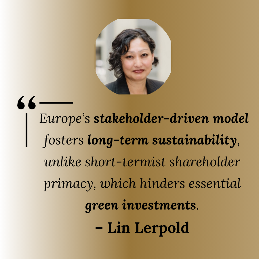 Quote from Lin Lerpold about Europe's stakeholder-driven model promoting sustainability, set against a gold gradient background with her portrait at the top.