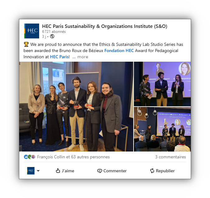 LinkedIn Post Ethics & Sustainability Lab Bruno Roux de Bézieux Award HEC Foundation