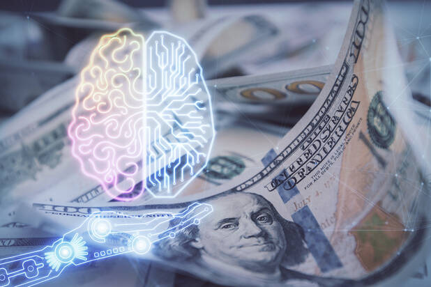 Double exposure of brain drawing over us dollars bill background. Technology concept.