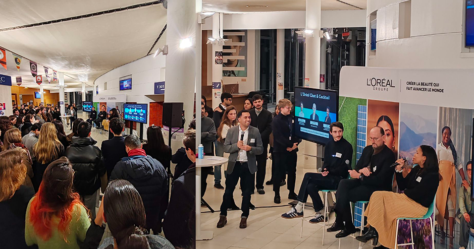 L'Oréal & HEC Paris: Fostering Leadership and Innovation Through Collaboration. Students and company representatives engage in discussions during the Carrefours HEC event at the Hall of Honor. A digital screen displays participating companies, while a partnership board showcases leading firms like L'Oréal, KPMG, and Accenture, highlighting strong corporate-academic collaboration